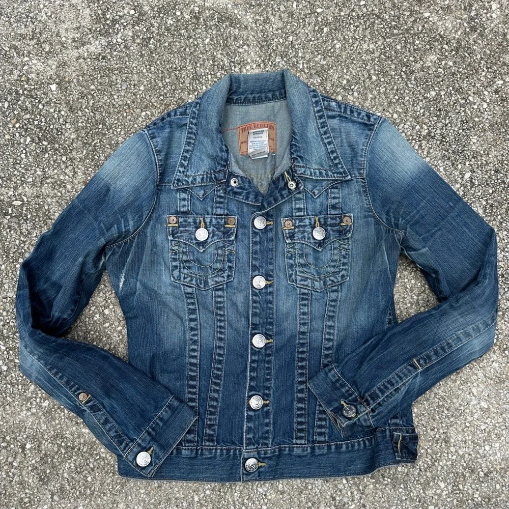 True Religion Jimmy Denim Jacket Mens Large Blue Trucker Faded Horseshoe Stitch
